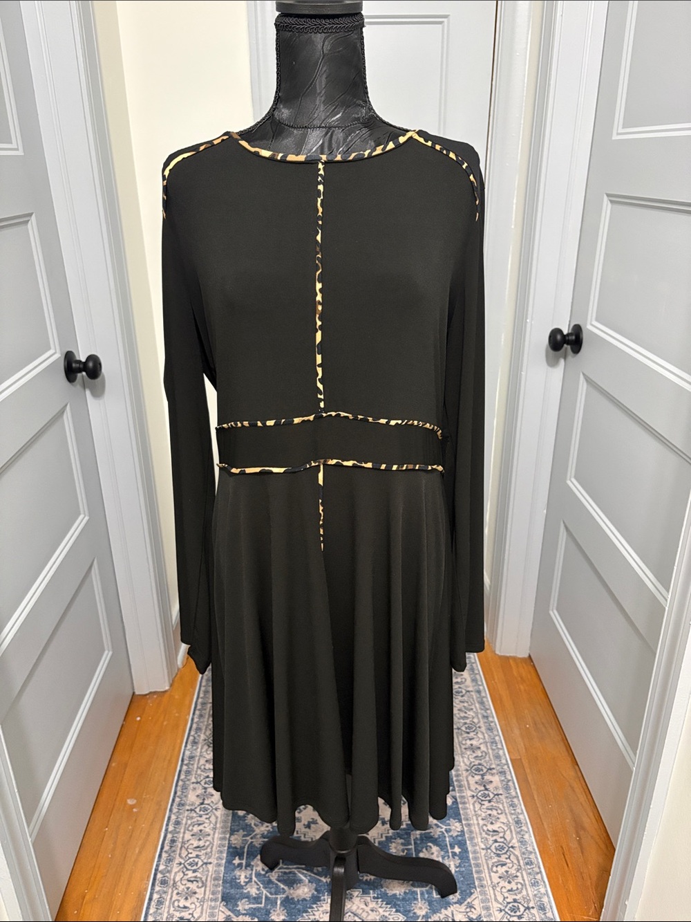 Cupio Black Long-Sleeve Fit & Flare Dress with Leopard-Trim Accents